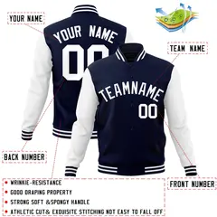 Navy White Raglan Sleeves Varsity Full-Snap Letterman Jacket 4