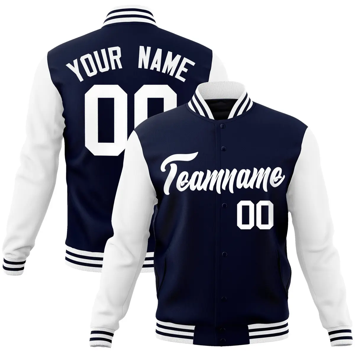Navy White Raglan Sleeves Varsity Full-Snap Letterman Jacket