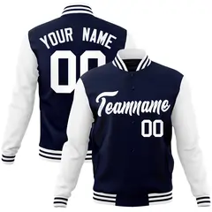 Navy White Raglan Sleeves Varsity Full-Snap Letterman Jacket
