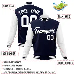 Navy White Raglan Sleeves Varsity Full-Snap Letterman Jacket 4