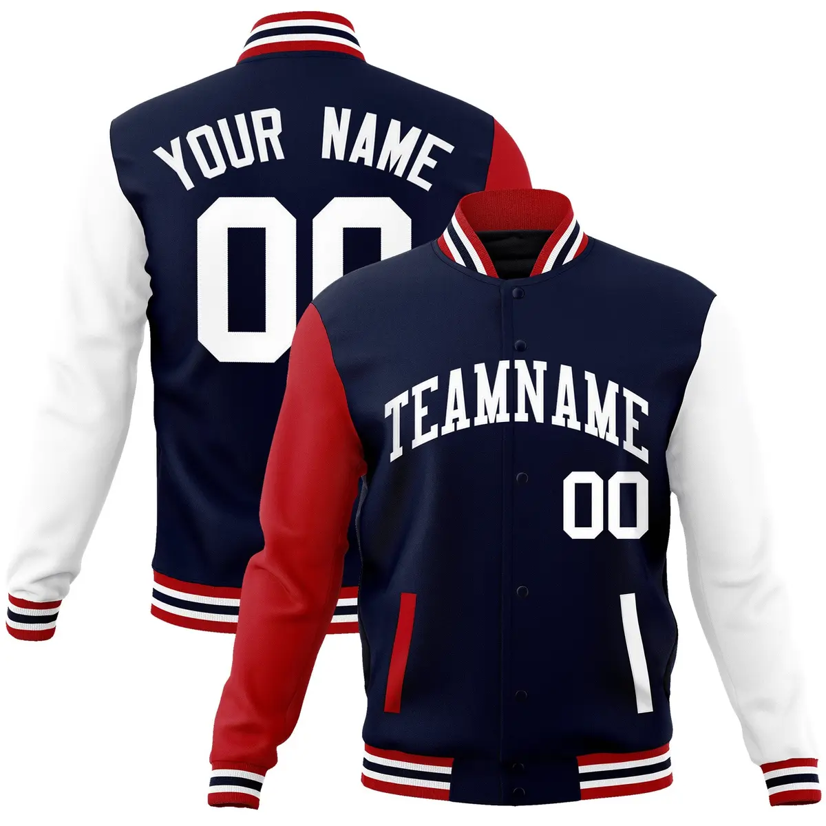 Navy White Raglan Sleeves Varsity Full-Snap Letterman Jacket