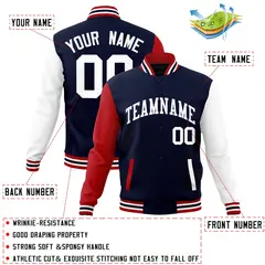 Navy White Raglan Sleeves Varsity Full-Snap Letterman Jacket 4