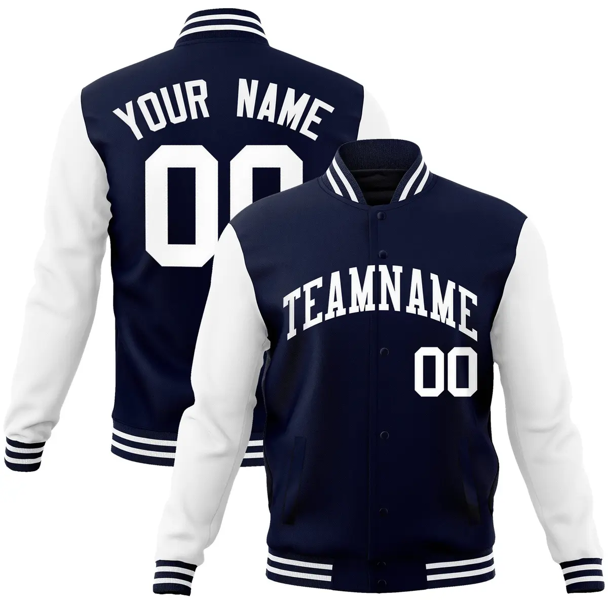 Navy White Raglan Sleeves Varsity Full-Snap Letterman Jacket