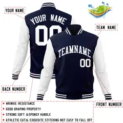 Navy White Raglan Sleeves Varsity Full-Snap Letterman Jacket 4