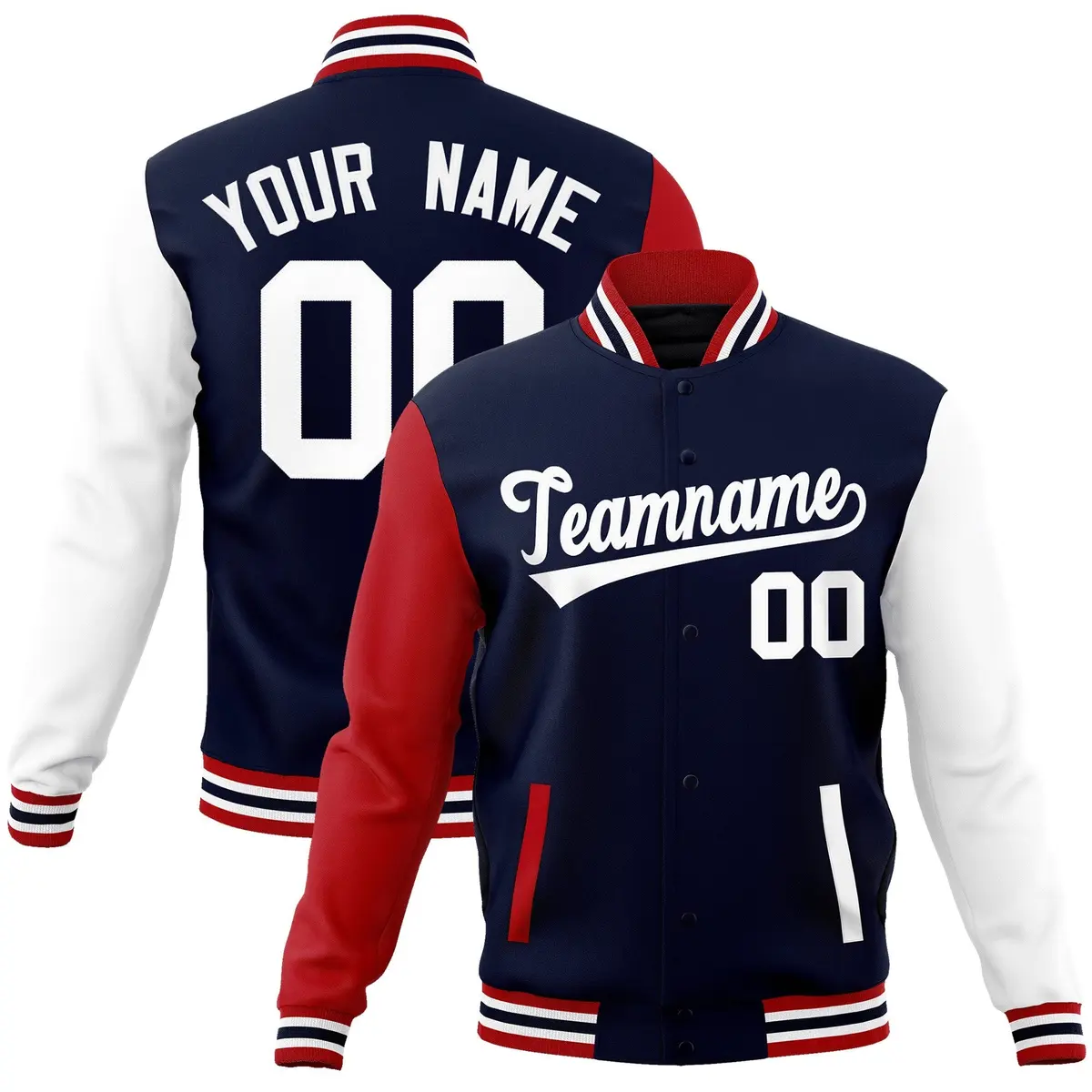 Navy White Raglan Sleeves Varsity Full-Snap Letterman Jacket