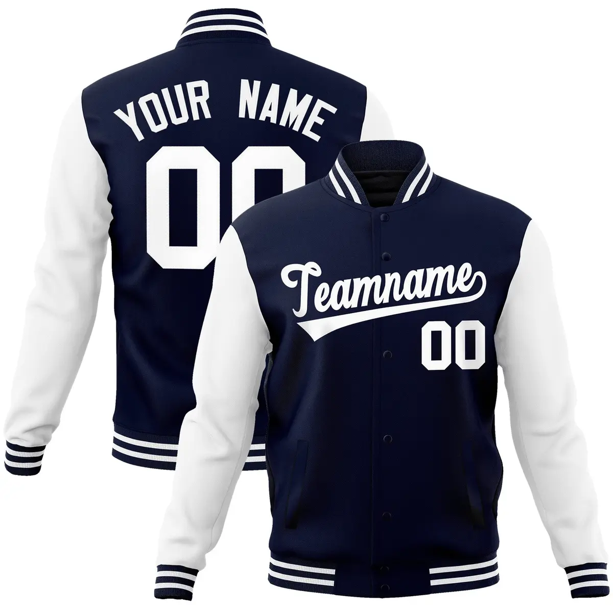 Navy White Raglan Sleeves Varsity Full-Snap Letterman Jacket