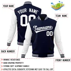 Navy White Raglan Sleeves Varsity Full-Snap Letterman Jacket 4