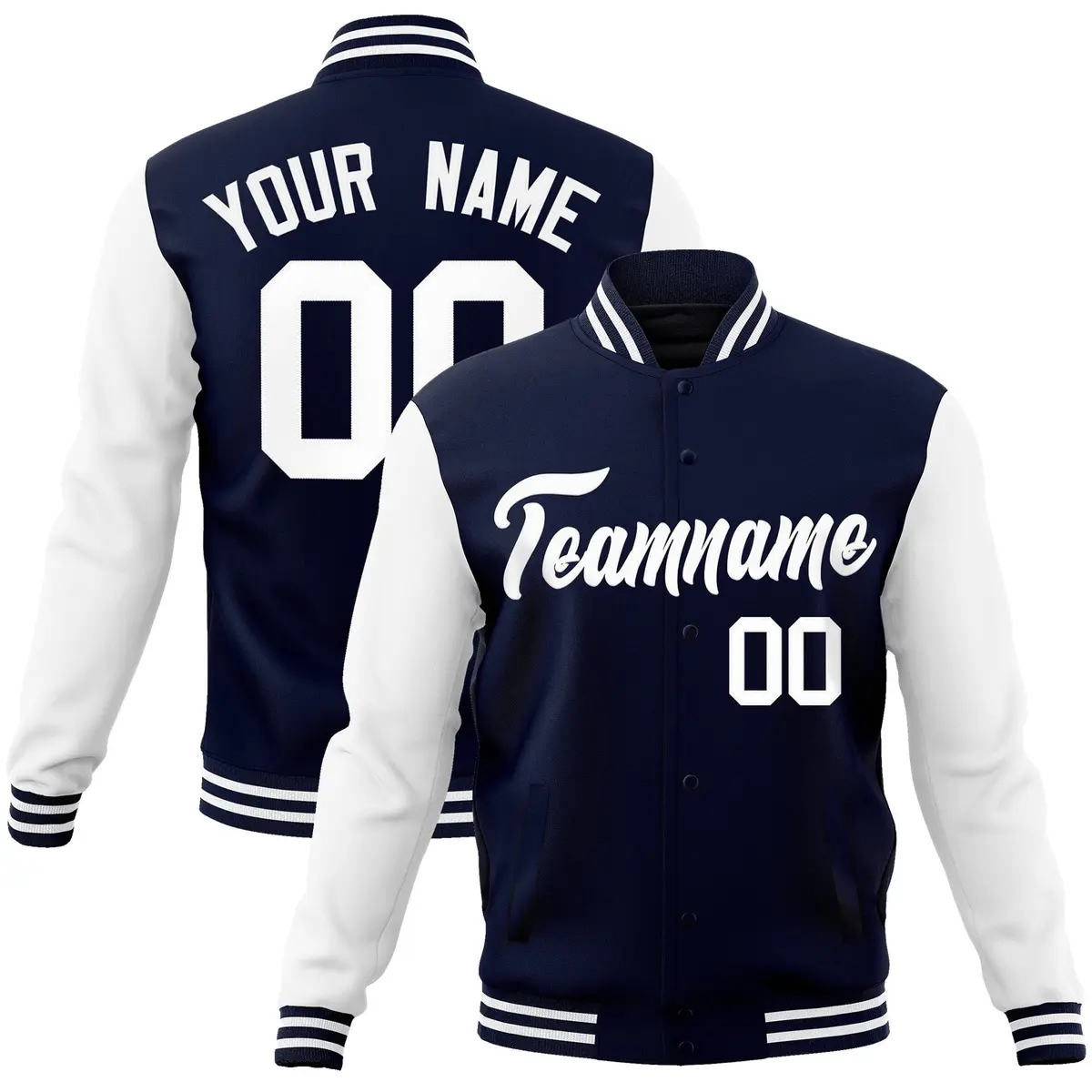 Navy White Raglan Sleeves Varsity Full-Snap Letterman Jacket