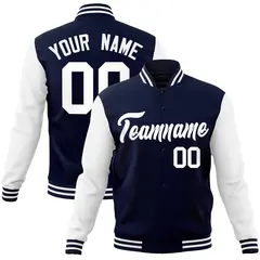 Navy White Raglan Sleeves Varsity Full-Snap Letterman Jacket 1