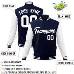 Navy White Raglan Sleeves Varsity Full-Snap Letterman Jacket 4