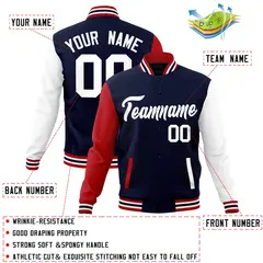 Navy White Raglan Sleeves Varsity Full-Snap Letterman Jacket 4