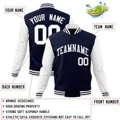 Navy White Raglan Sleeves Varsity Full-Snap Letterman Jacket 4