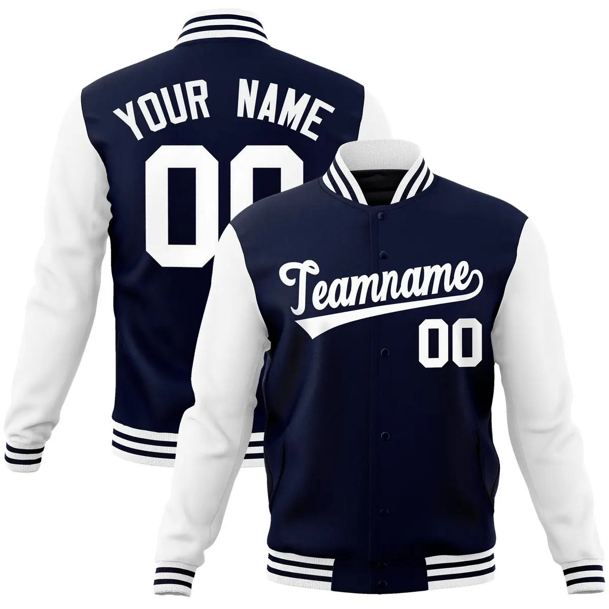 Navy White Raglan Sleeves Varsity Full-Snap Letterman Jacket