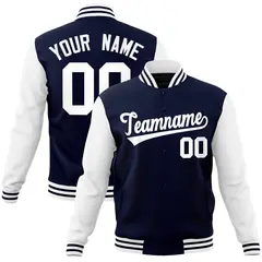 Navy White Raglan Sleeves Varsity Full-Snap Letterman Jacket 1