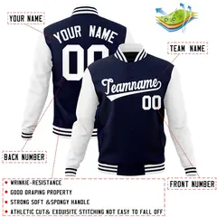Navy White Raglan Sleeves Varsity Full-Snap Letterman Jacket 4