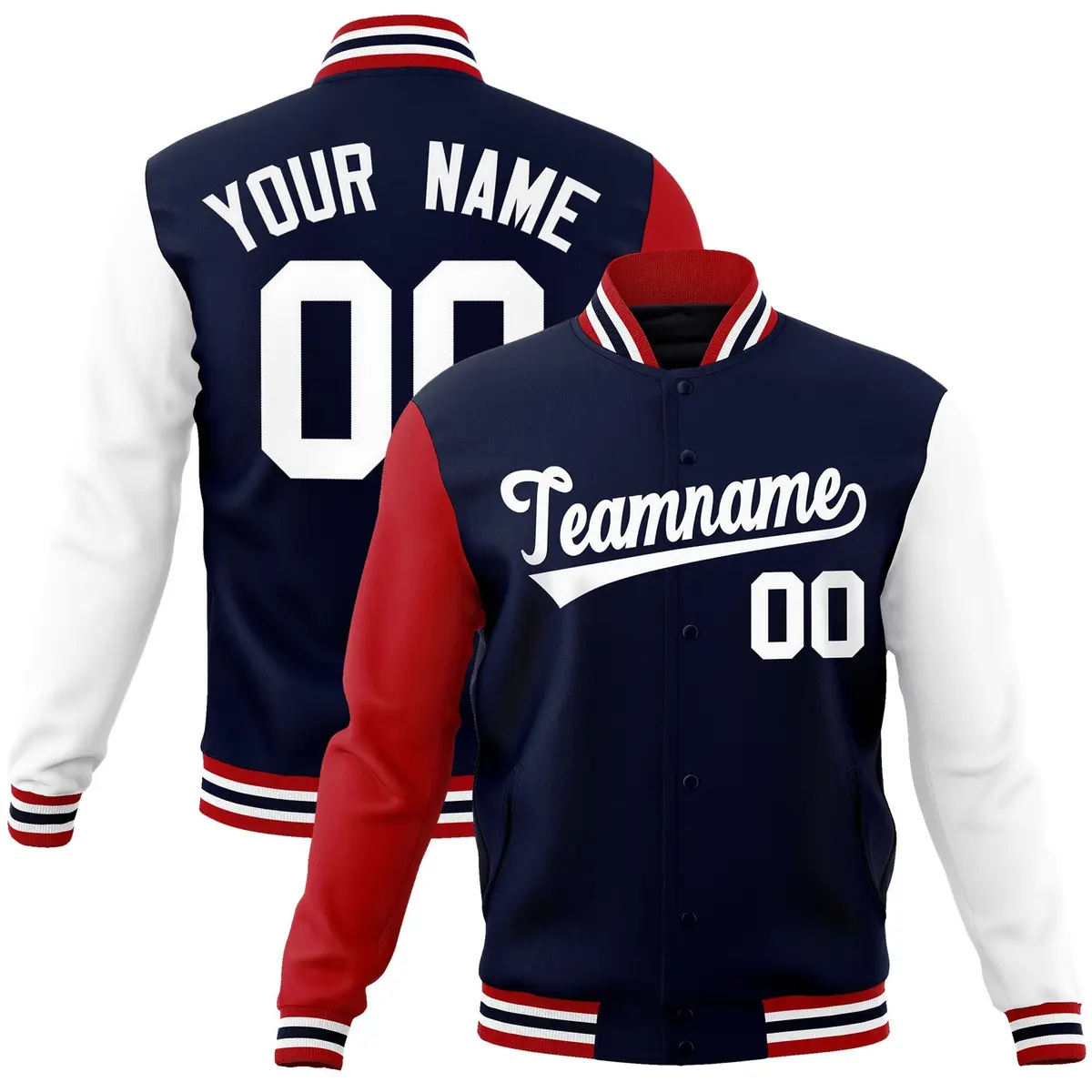 Navy White Raglan Sleeves Varsity Full-Snap Letterman Jacket