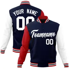 Navy White Raglan Sleeves Varsity Full-Snap Letterman Jacket 1