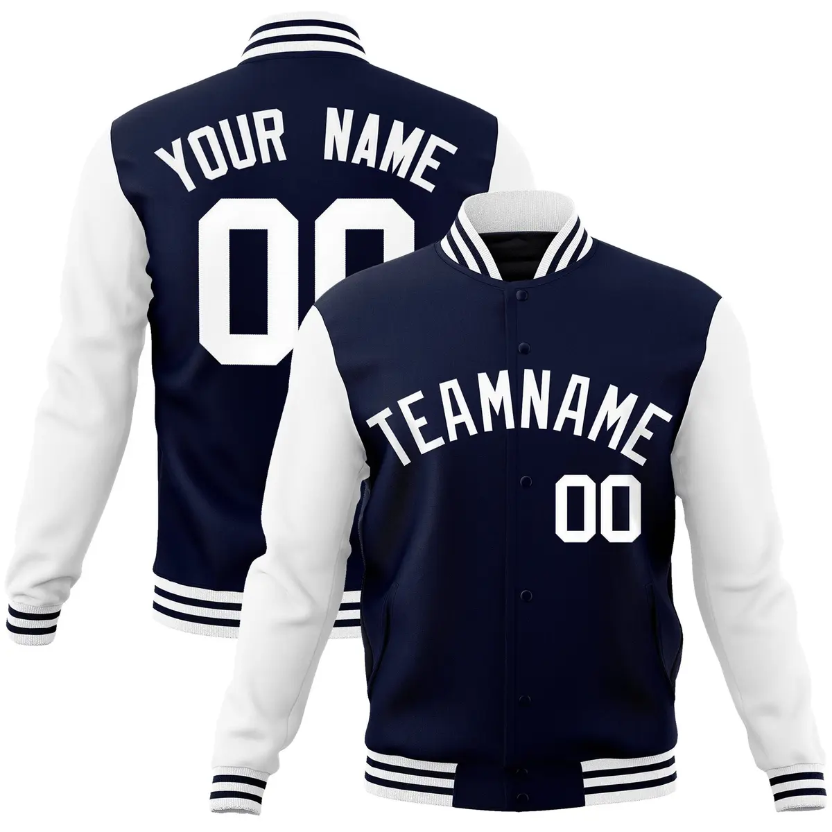 Navy White Raglan Sleeves Varsity Full-Snap Letterman Jacket