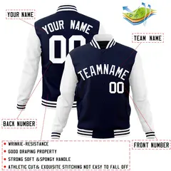 Navy White Raglan Sleeves Varsity Full-Snap Letterman Jacket 4