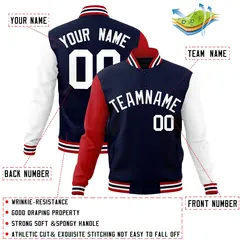 Navy White Raglan Sleeves Varsity Full-Snap Letterman Jacket 4