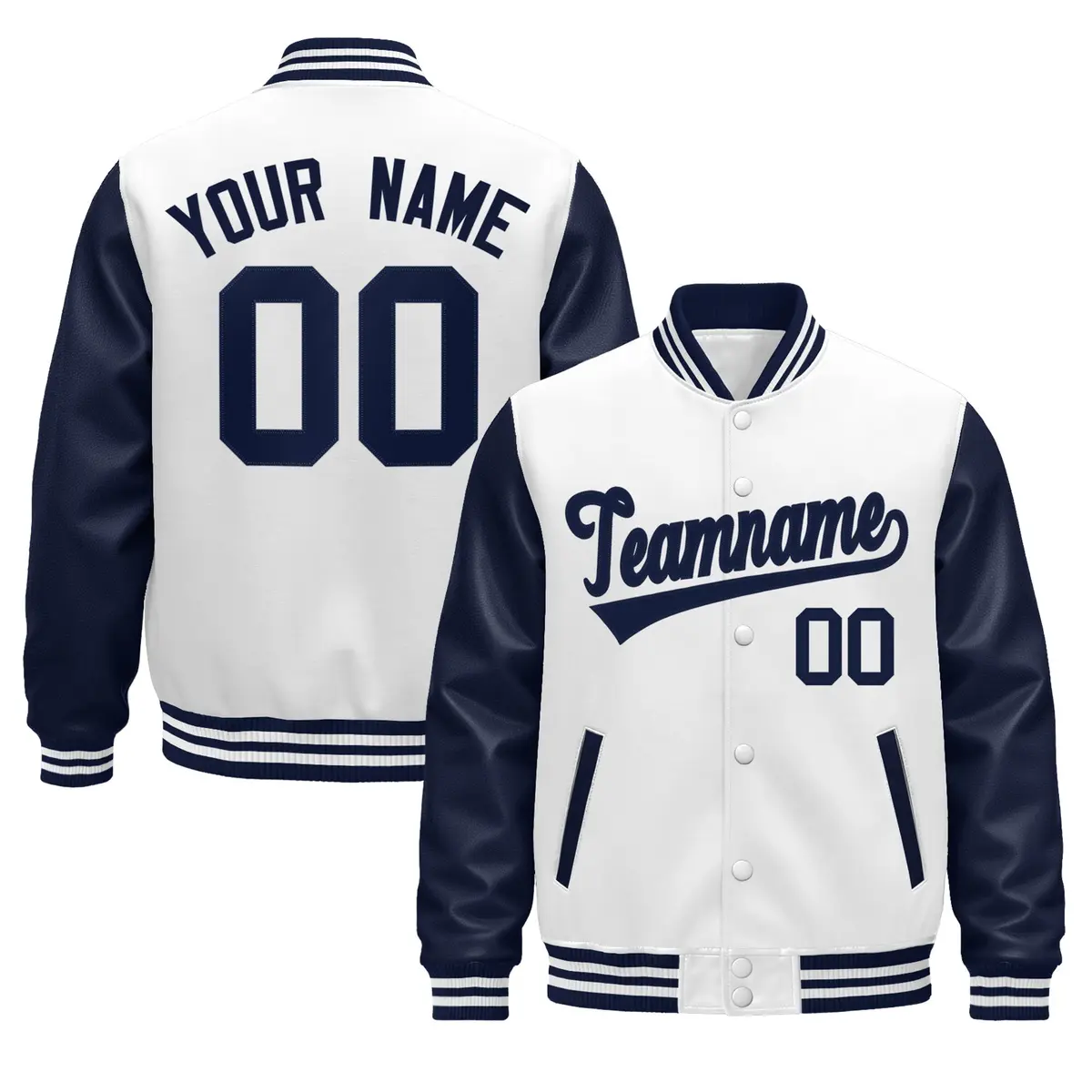 Navy White Raglan Varsity Full-Snap Leather Sleeves Letterman Jacket