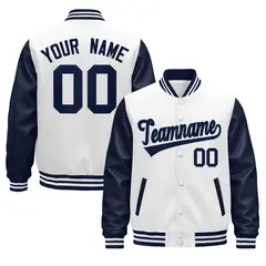 Navy White Raglan Varsity Full-Snap Leather Sleeves Letterman Jacket
