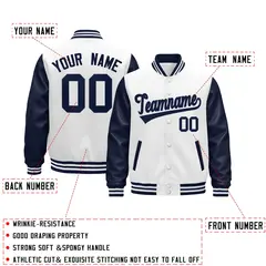 Navy White Raglan Varsity Full-Snap Leather Sleeves Letterman Jacket 2