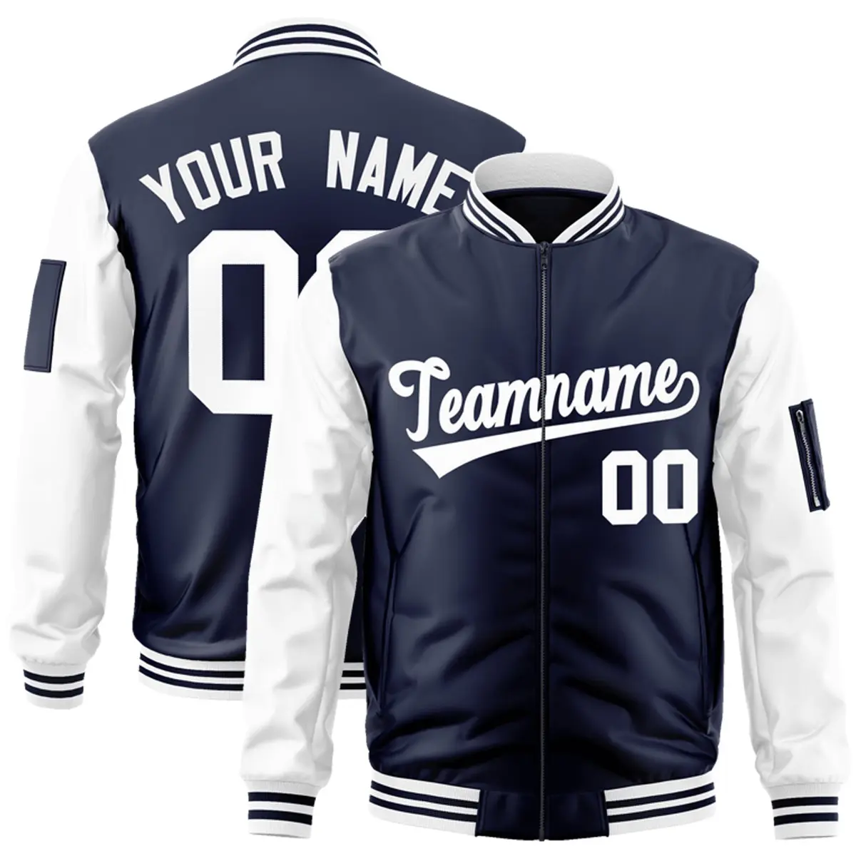 Navy White Raglan Varsity Full-Zip Letterman Bomber Jacket