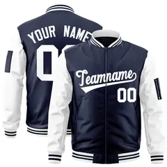Navy White Raglan Varsity Full-Zip Letterman Bomber Jacket