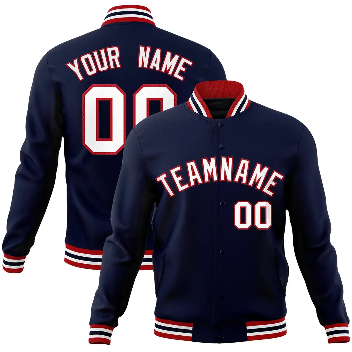 Navy White-Red Classic Varsity Full-Snap Letterman Jacket