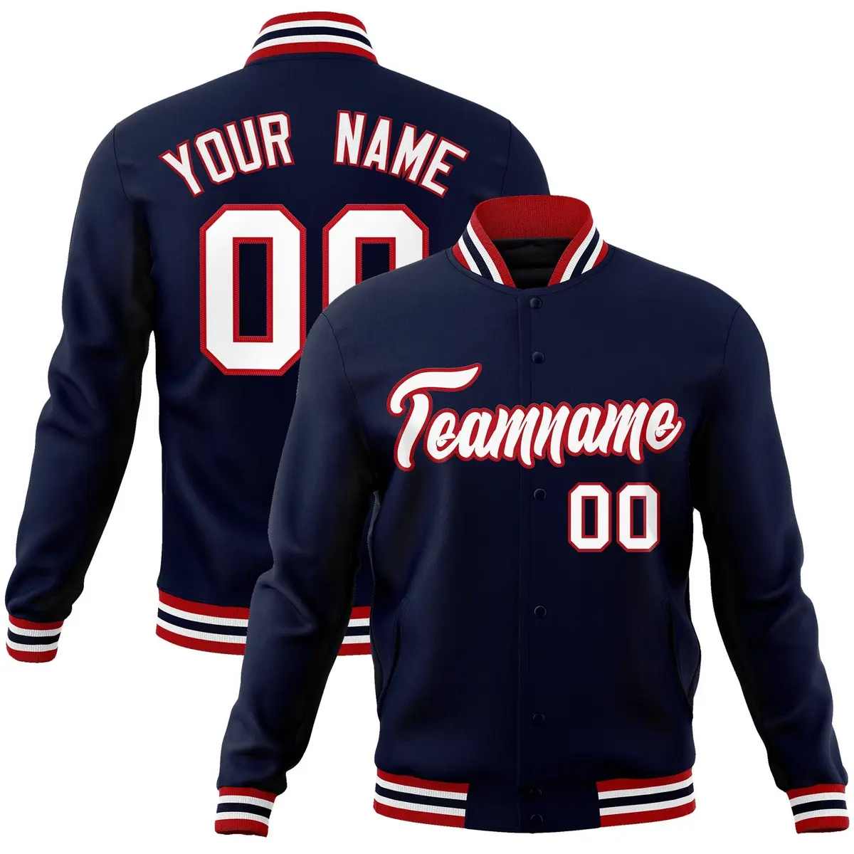 Navy White-Red Classic Varsity Full-Snap Letterman Jacket