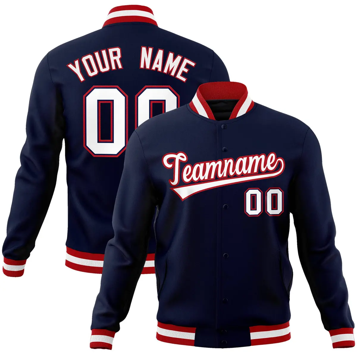 Navy White-Red Classic Varsity Full-Snap Letterman Jacket