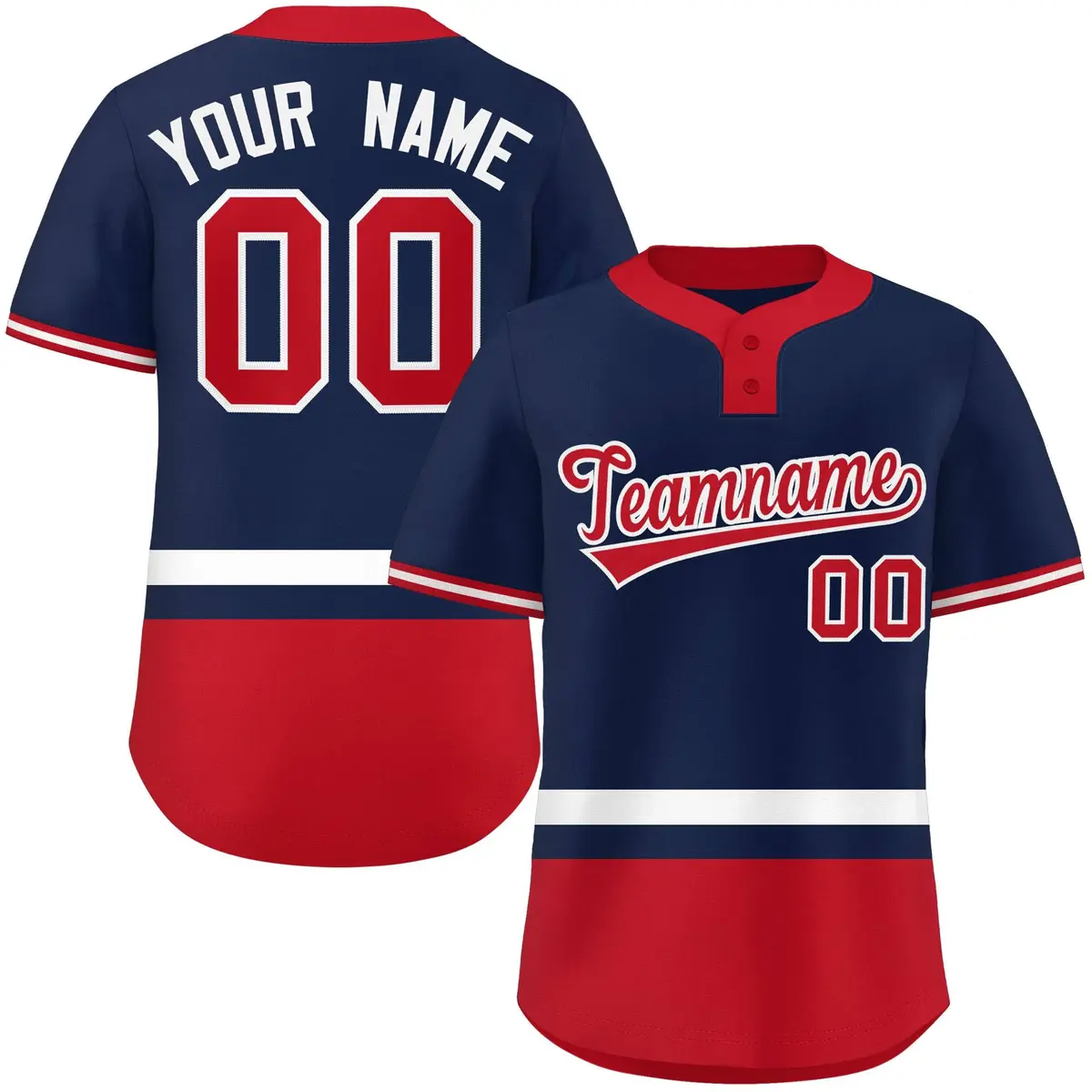 Navy White-Red Color Block Two-Button Softball Jersey