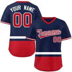 Navy White-Red Color Block V-Neck Pullover Baseball Jersey 1