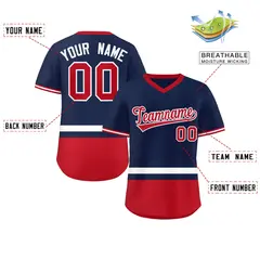 Navy White-Red Color Block V-Neck Pullover Baseball Jersey 2