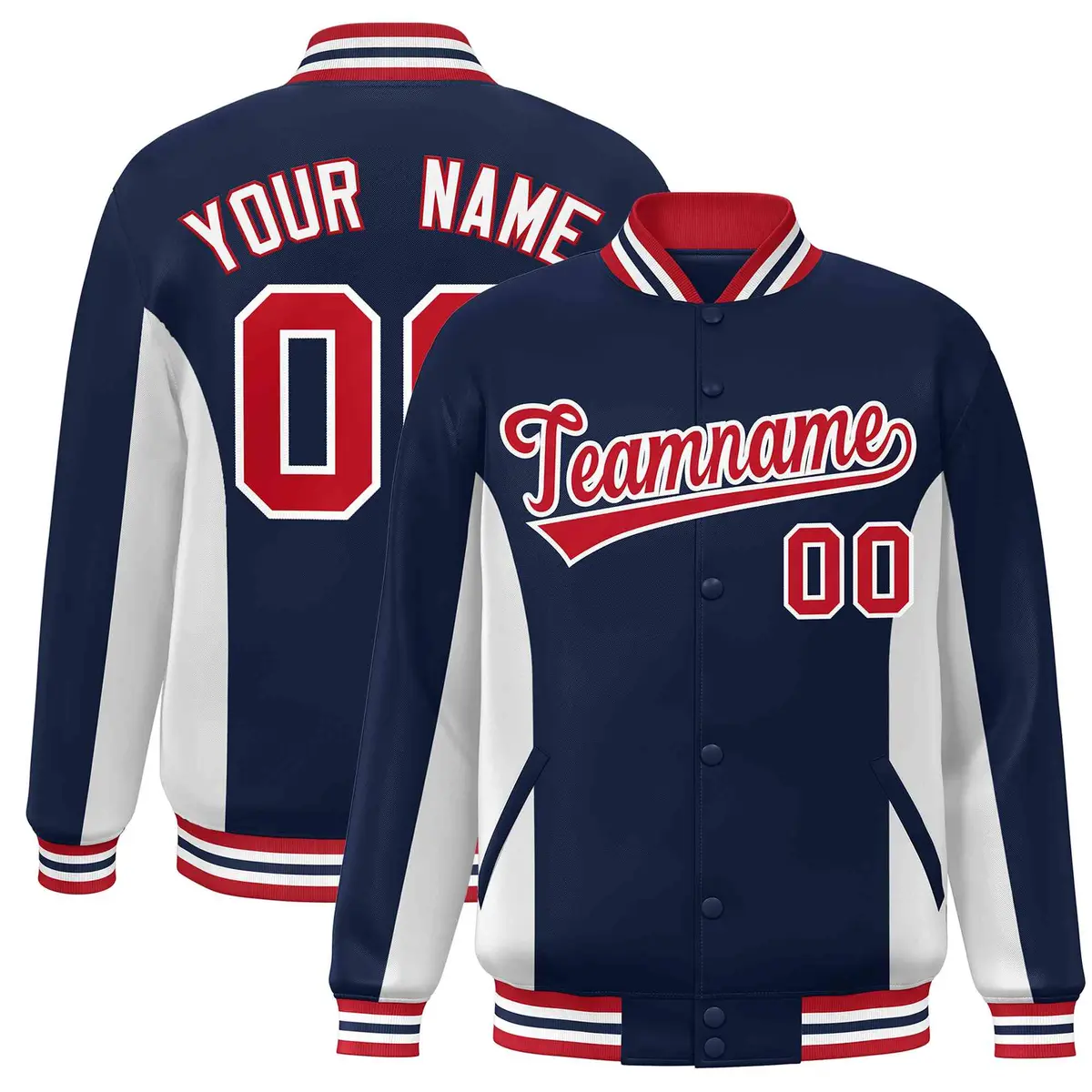 Navy White-Red Full-Snap Color Block Varsity Letterman Baseball Jacket