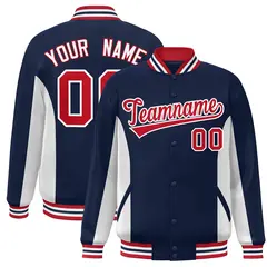Navy White-Red Full-Snap Color Block Varsity Letterman Baseball Jacket