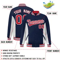 Navy White-Red Full-Snap Color Block Varsity Letterman Baseball Jacket 2