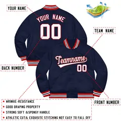 Navy White-Red Letterman Solid Varsity Full-Snap Jacket 3