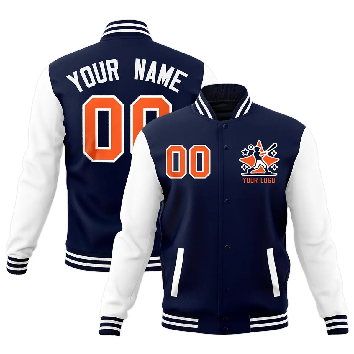 Navy White Red Raglan Sleeves Full-Snap Letterman Cotton Jacket