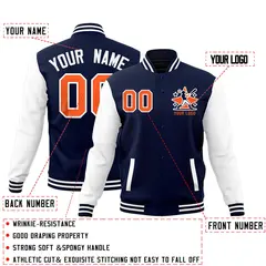Navy White Red Raglan Sleeves Full-Snap Letterman Cotton Jacket 2