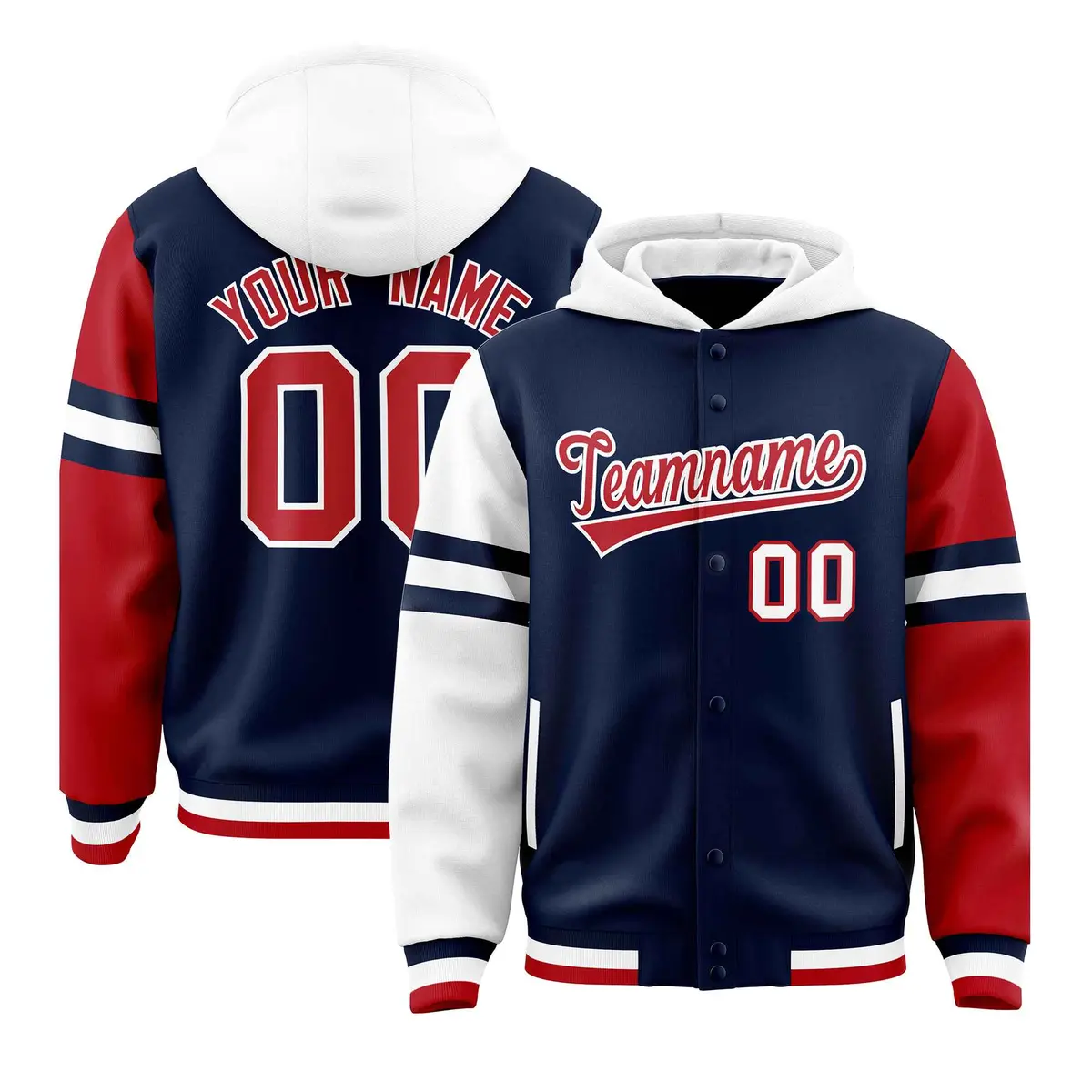 Navy White-Red Raglan Sleeves Full-Snap Varsity Letterman Three Stripes Jacket Hoodie