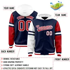 Navy White-Red Raglan Sleeves Full-Snap Varsity Letterman Three Stripes Jacket Hoodie 4