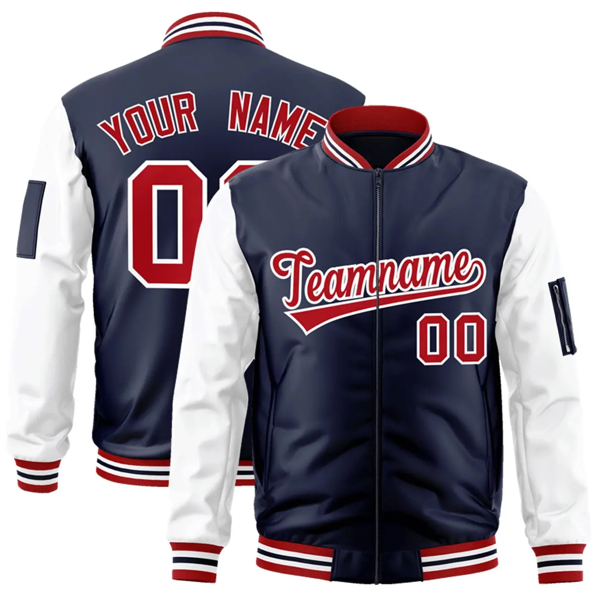 Navy White-Red Raglan Sleeves Full-Zip Varsity Letterman Jacket