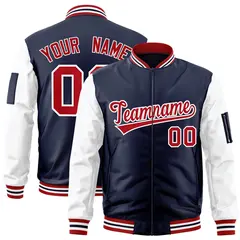 Navy White-Red Raglan Sleeves Full-Zip Varsity Letterman Jacket 1