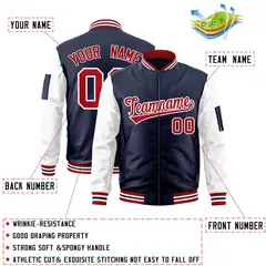 Navy White-Red Raglan Sleeves Full-Zip Varsity Letterman Jacket 2