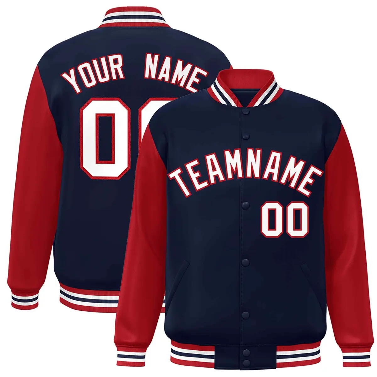 Navy White-Red Raglan Varsity Full-Snap Letterman Jacket