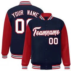 Navy White-Red Raglan Varsity Full-Snap Letterman Jacket