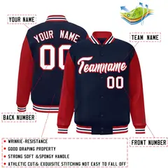 Navy White-Red Raglan Varsity Full-Snap Letterman Jacket 2