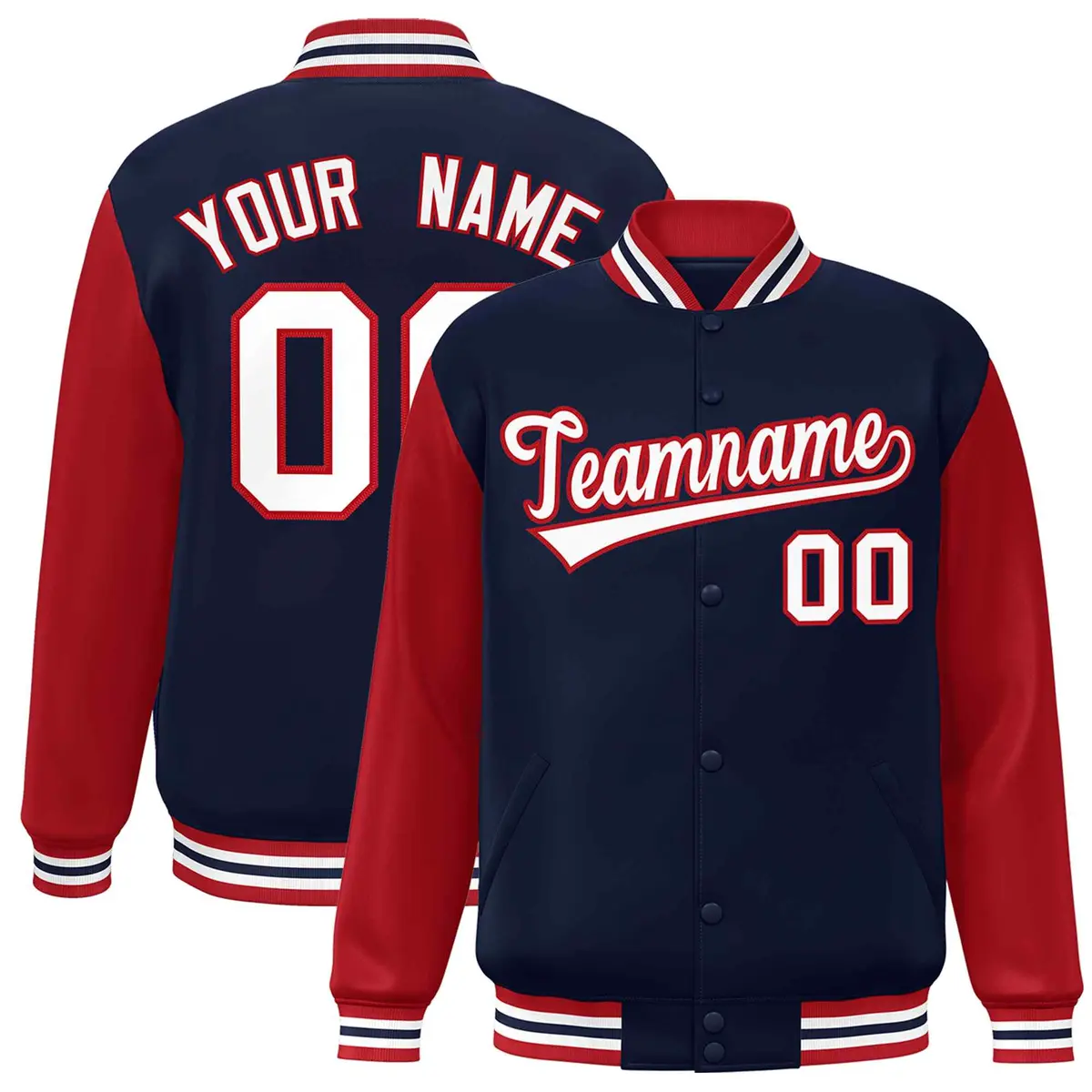 Navy White-Red Raglan Varsity Full-Snap Letterman Jacket